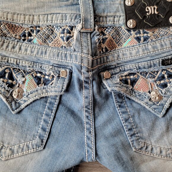 MISS ME LOW RISE SHORTS BLUE JEAN DENIM W/RHINESTONES & HOLOGRAPHIC POCKETS SIZE - Picture 4 of 13